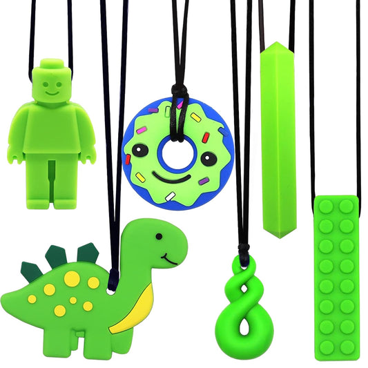 Chew Necklace for Kids, 6 Piece Sensory Chewing Necklace, Silicone Teether for Baby, Autism Toy for Boys and Girls, Perfect for Children with ADHD, Teething, Biting, Nail Biting (Green)
