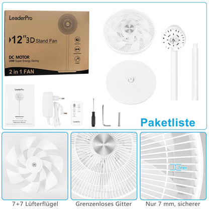 LeaderPro Stand Fan-12.8db Quiet with Remote Control, 8 Speeds, Adjustable Height, 120° Oscillation, 8H Timer, DC Motor Fan for Bedroom, Living Room, Kitchen, White