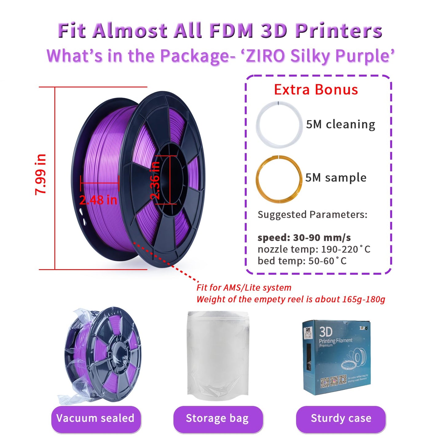 ZIRO Silk PLA 1.75mm Filament, 3D printer filament from the Silk PLA series 1.75mm 1kg, diameter tolerance at +/-0.03mm, Purple