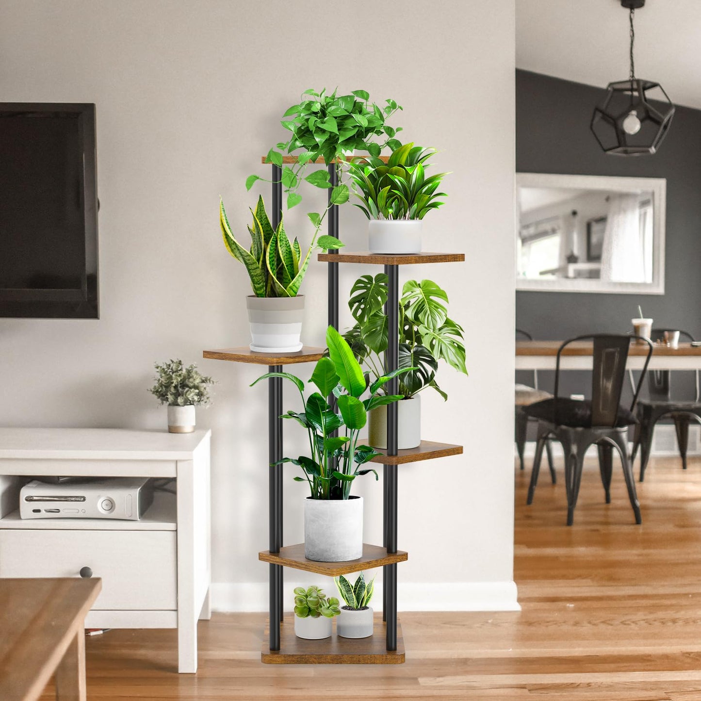 YOCOMEY 6-Tier Wooden Flower Rack Plant Stand, Multilayer Flower Shelf Plant Shelf Flower Bench Flower Staircase Plant Staircase Display Shelf for Indoor Garden Balcony Decor (Black)