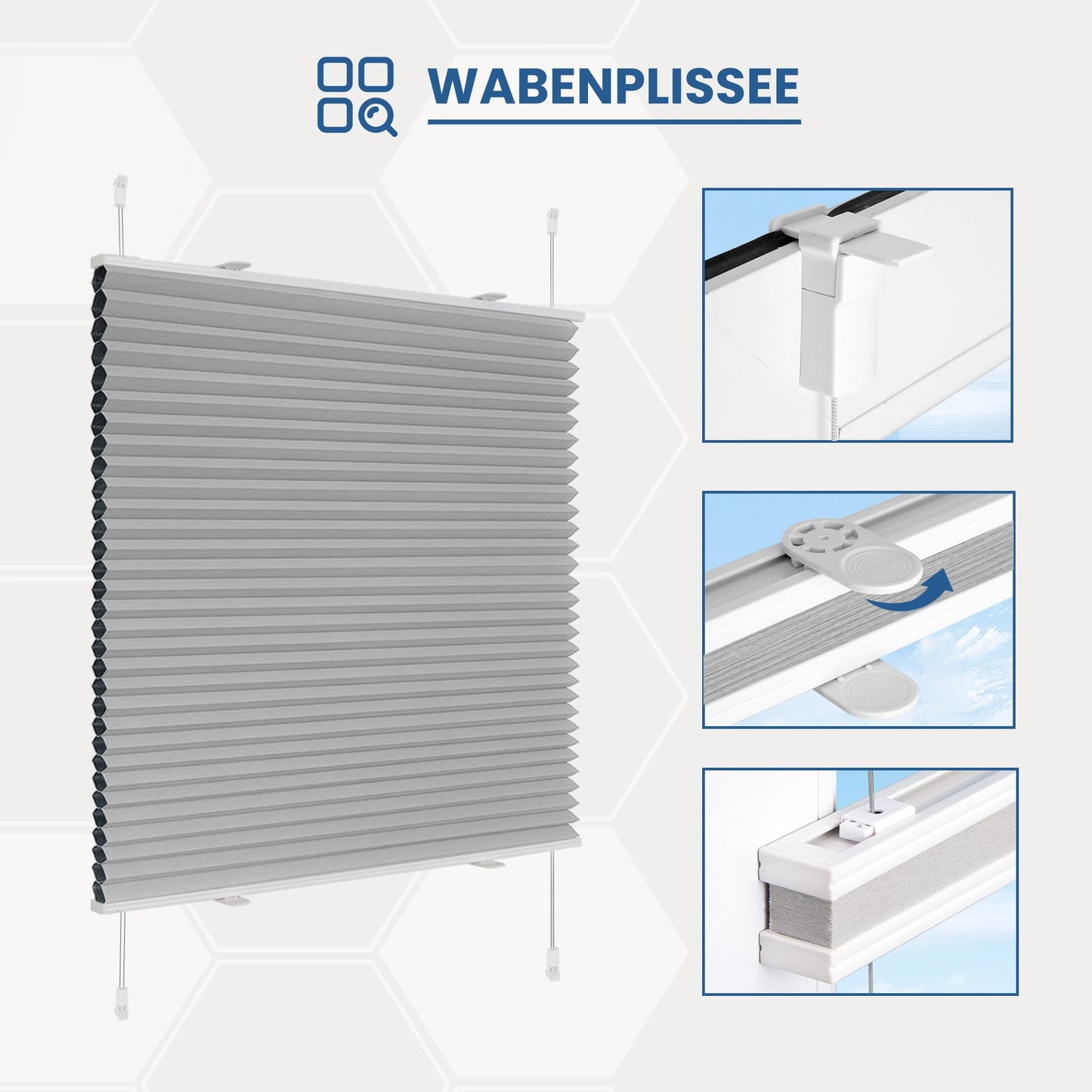 Deswell Pleated Blackout Clamping Fix Honeycomb Pleated Blind B40 x H110 cm Light Grey Thermo Pleated without drilling Foldable blind for windows & doors, 100% opaque, privacy & noise protection, thermal insulation Blackout Pleated