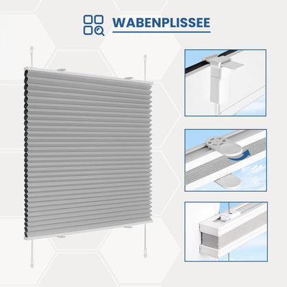 Deswell Pleated Blackout Clamping Fix Honeycomb Pleated Blind B40 x H110 cm Light Grey Thermo Pleated without drilling Foldable blind for windows & doors, 100% opaque, privacy & noise protection, thermal insulation Blackout Pleated