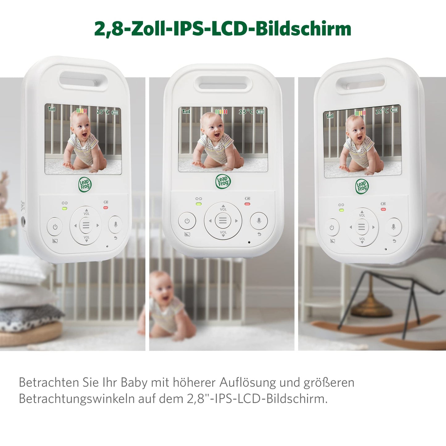 LeapFrog LF2423 Baby Monitor has long range, 2.8" video LCD display, 2x zoom, temperature sensor, noise activation, intercom, long battery life, and 720p resolution.