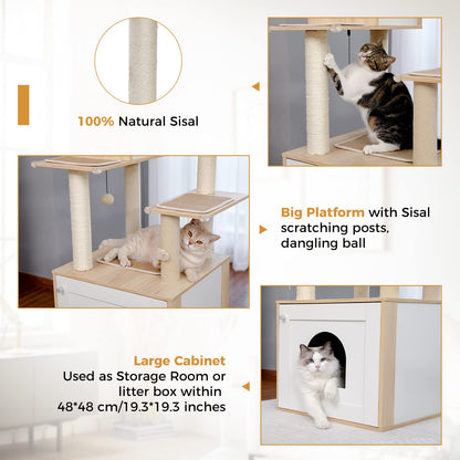 PAWZ Road Modern Cat Tree Wooden Cat Tower with Storage Cabinet Cat Bathroom Enclosure and Spacious Cat House Large upper perching platform and hammock Beige