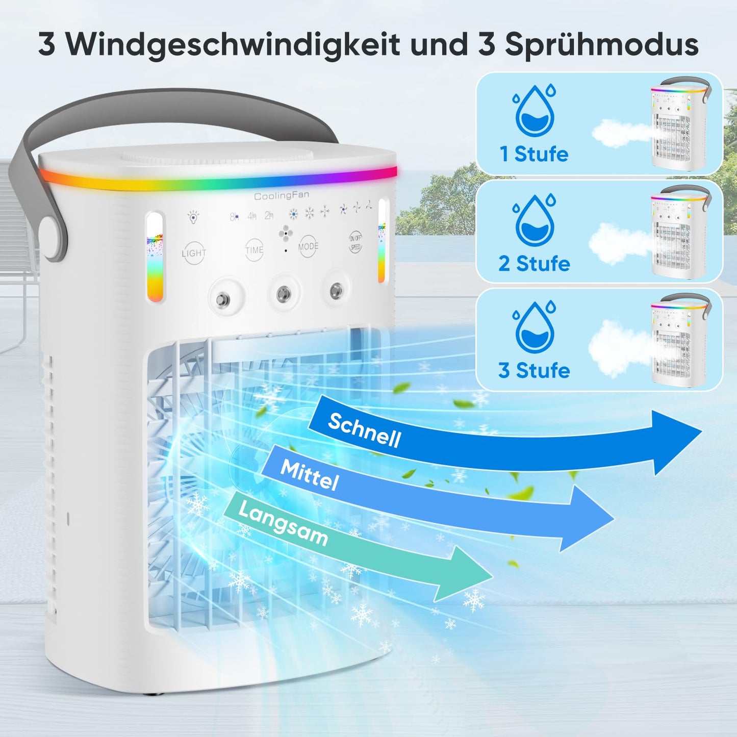 Mobile air conditioner, mini air conditioner for rooms, 4 in 1 air cooler with water cooling 1000ML air conditioning unit without exhaust hose, portable air conditioner with 3 modes & colorful light room cooler for rooms office