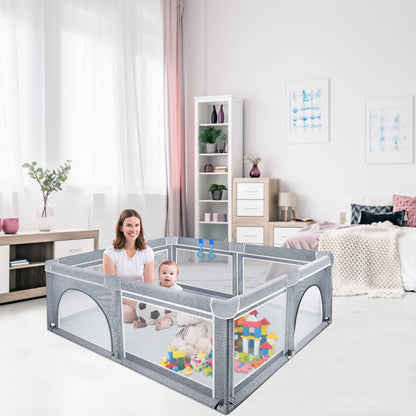 NAIZY Baby Playpen XXL Playard Gray Safety Gate with Non-Slip Base and Breathable Mesh for Children Indoors and Outdoors (200 * 180 * 68cm)