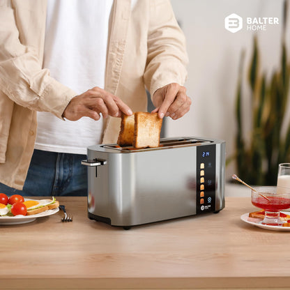 Balter 4-Slice Toaster, Touch Control, Long Slot, Stainless Steel, Bun Warmer, LCD Display, Defrost Function, Bread Centering, TS-34