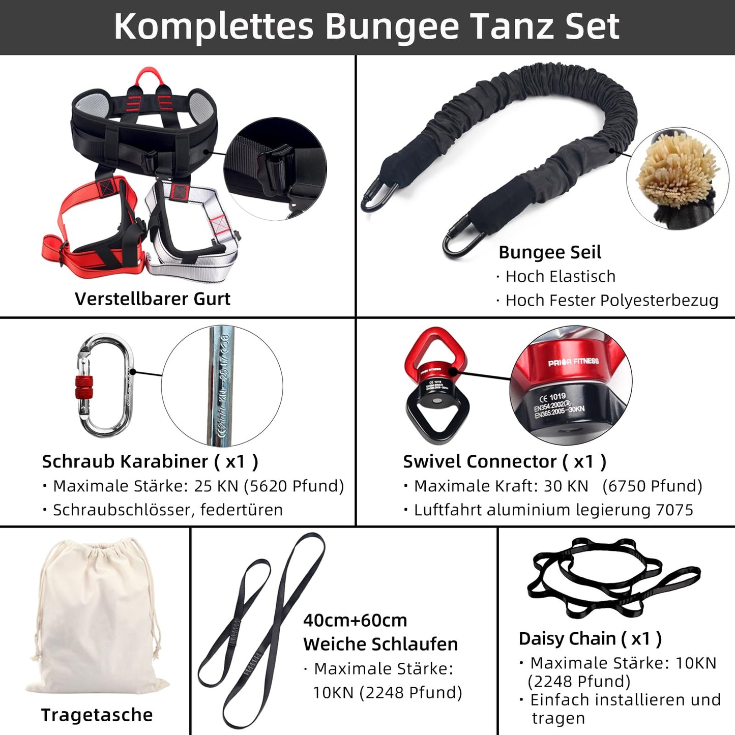 PRIOR FITNESS Bungee Fitness Equipment Set, heavy bungee resistance band, elastic dance bungee cord, bungee training device for home, gym, professional training equipment. (70KG)