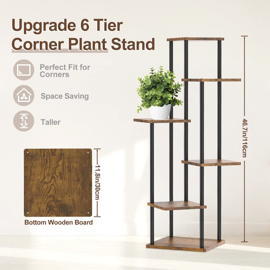 LyTaispuly 6 tier Plant Stand Flower Stand Outdoor, 115cm Metal Wood Flower Pot Stand Flower Ladder Flower Rack, Plant Stand for Outdoor Balcony Garden Living Room, Black