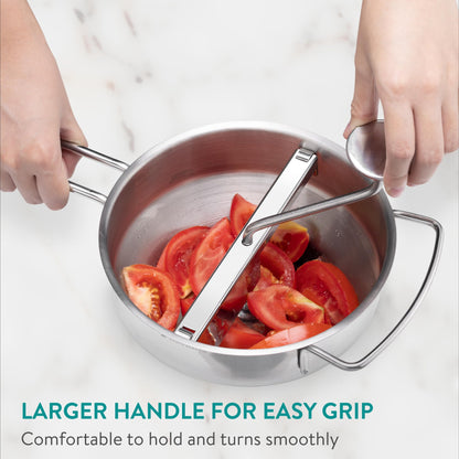 Navaris stainless steel food mill with 3x sieve inserts - perfect for soups, jams, baby food, and sauces. Includes 3 sieve inserts and a durable stainless steel design.