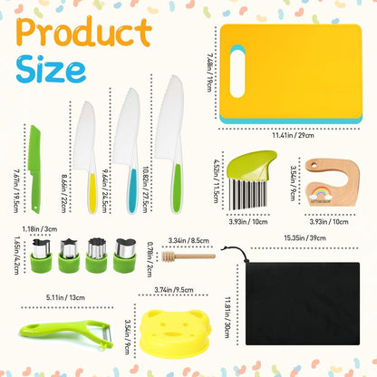 Children's knife 16-piece children's safety cooking knife kitchen knife set with vegetable cutters, wooden knives, cutting board etc. Montessori toy as a birthday gift for children aged 2 years and older.