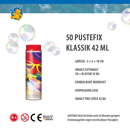 PUSTEFIX Bubble Set I 50 x Classic 42ml Carnival, 5th Season I Carnival Bubbles Made in Germany I Bubbles for Carnival/Mardi Gras, Children's Birthday Party, Bachelor Party I 50 x 42 ml Value Pack