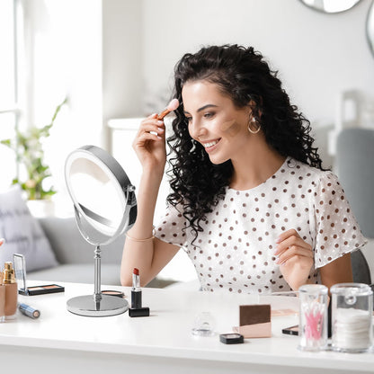 Amelar makeup mirror with lights, 1X/10X magnification, 2000mAh rechargeable battery, 3 colors dimmable, 360° swivel double-sided makeup mirror, tabletop mirror.