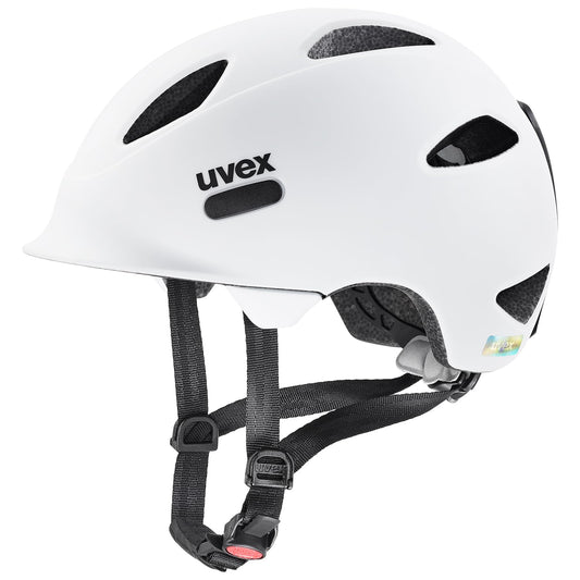 uvex oyo - lightweight bike helmet for kids - custom size adjustment - expandable with LED light - white - black matte - 50-54 cm