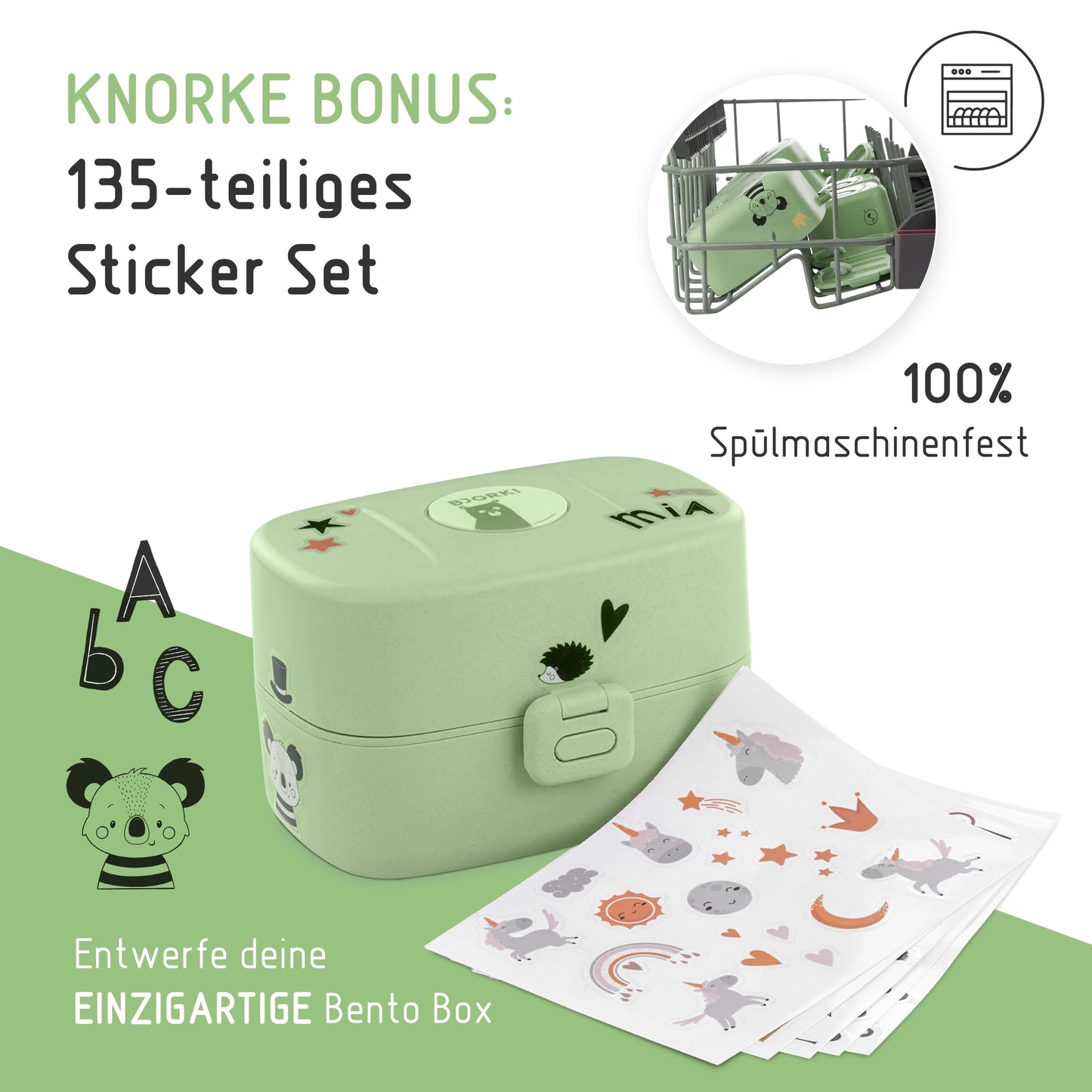 BJORKI® Bento Box for Kids with FREE name sticker - Leak-proof lunchbox with compartments - Sustainable lunchbox for kindergarten & school - The snack box for on the go. (Pastel Green)