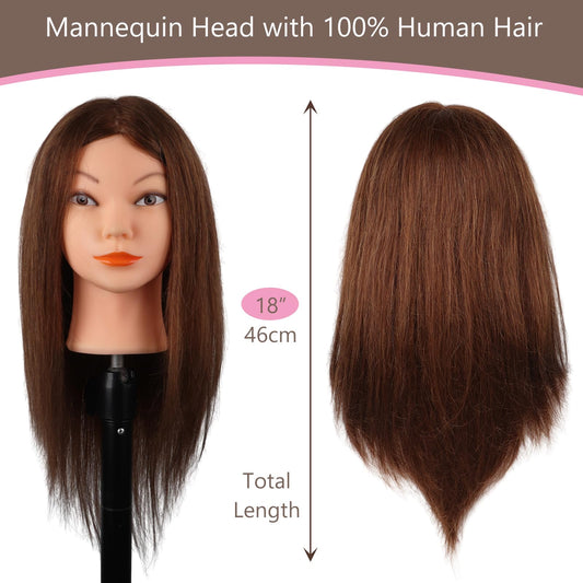 DaizySight Adult Mannequin Head 100% Real Hair, Hairdressing Training Head for Styling and Children, Practice Head Mannequin with Clamp and Hairstyling Tool, Length: 46cm, Dark Brown