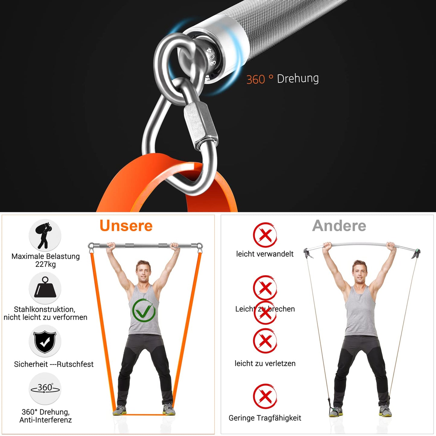 DASKING Fitness Bands Strength Training with Bar, Resistance Bands Set- 4 Resistance Bands, 98cm Detachable Fitness Bar, Handles for Pull-Up Bands - Home Fitness Equipment, Home Gym Sport Equipment