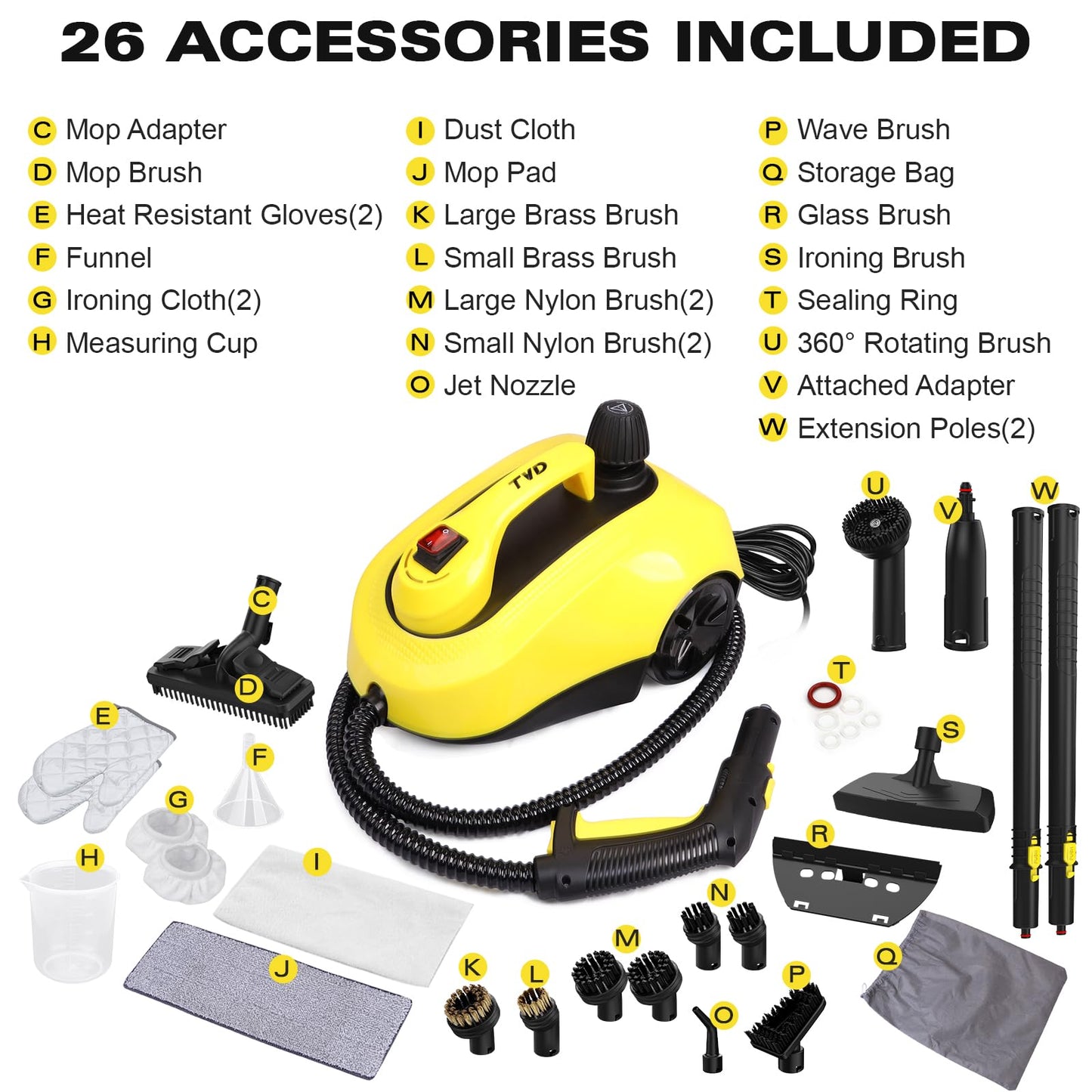 TVD steam cleaner, upholstery cleaner device, steam cleaner with 5m extra long power cord for floor steamer, oven, carpet, sofa, upholstery, bed bugs