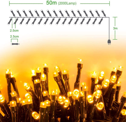 Quntis 2000 LEDs 50M Outdoor Warm White String Lights, Christmas Lights Indoor Plug-in, IP44 Outdoor String Lights, 8 Modes Christmas Decor for Garden Christmas Tree Bushes Balcony Patio Room