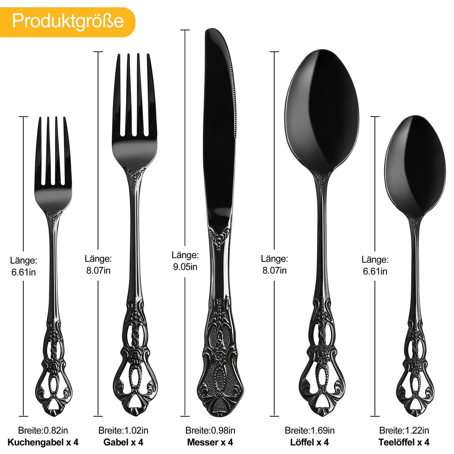 Black Royal 20-piece Cutlery Set, Black Cutlery Set for 4 made of stainless steel, Royal Black Cutlery Knife and Fork Set high-gloss polished dishwasher safe for wedding banquet gift.
