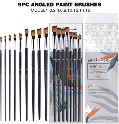 Angular brush set Artist Paint Brush Flat Brush for acrylic painting Watercolor painting Oil painting Perfect for beginners artists and children Long handle 9 pieces