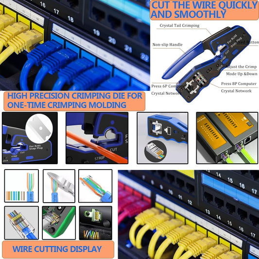 MAYLINEE RJ45 Crimping Tool Set, Pass-through Crimping Tool for Cat5/Cat5e/Cat6, CAT7 Cable Tester Kit Network Wire Stripper with 50 and 50 covers, Crimp Connector Set (Black)