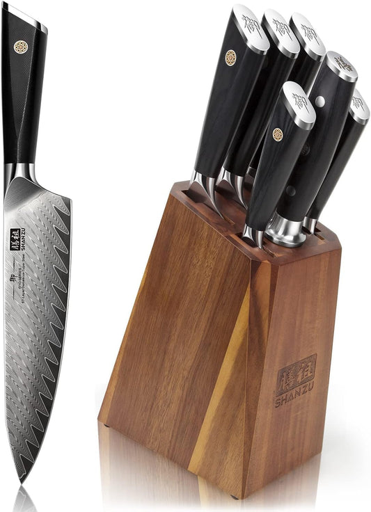 SHAN ZU Damascus Steel Knife Block with 7-piece Kitchen Knife Set made of Japanese 10Cr15CoMoV premium steel, Professional Kitchen Knife with G10 Handle - GYO Series