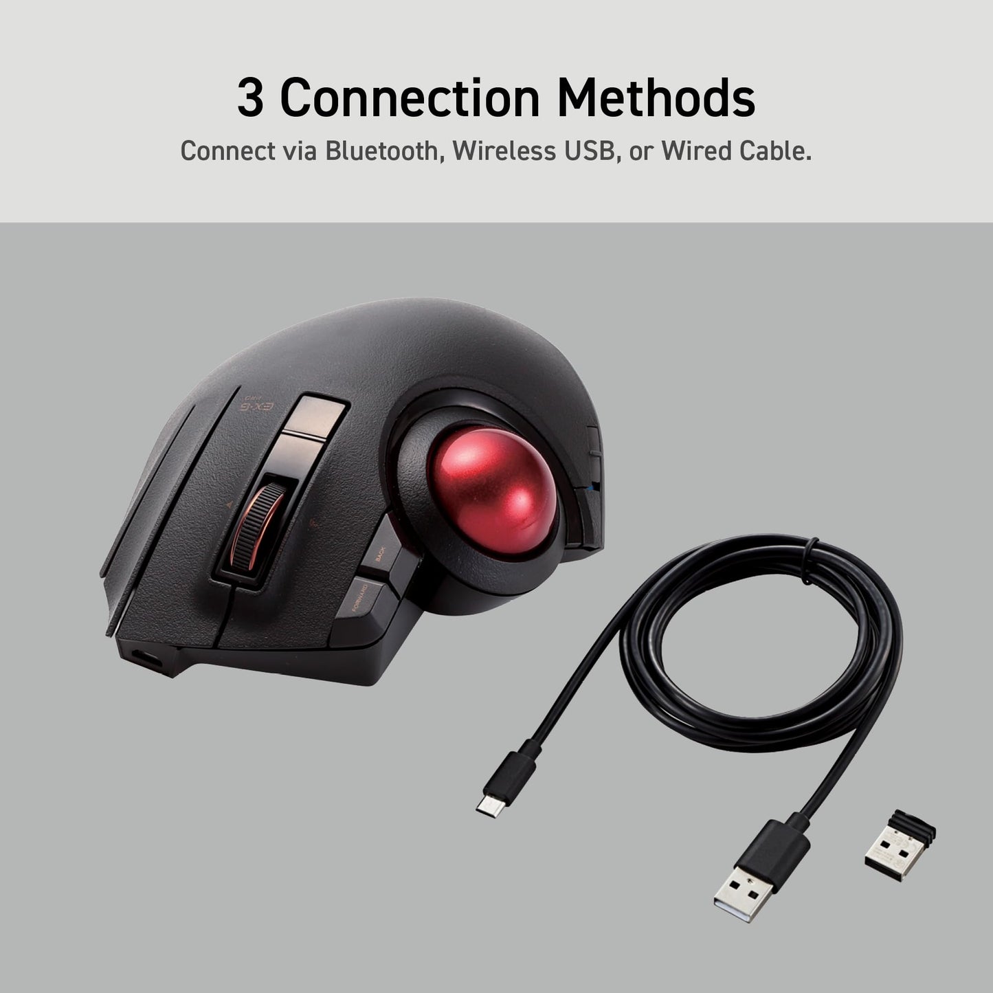 ELECOM Trackball Mouse Wireless, Ergonomic Mouse, 3Device Connection, Wired (USB), Bluetooth, Track Ball Mouse, Thumb Control, Compatible for PC, Laptop, Mac, Windows, macOS, EX-G Pro (M-XPT1MRXBK)