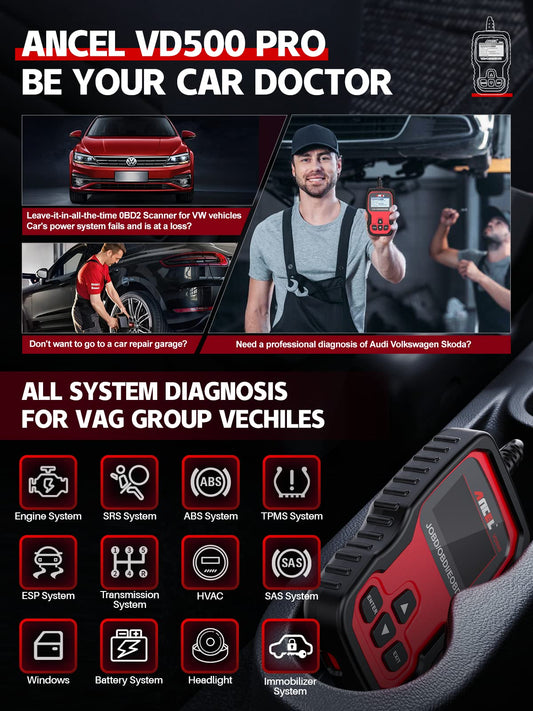ANCEL VD500Pro OBD2 diagnostic tool for VW/Audi/Skoda/Seat vehicles. Wired, reads fault codes, engine light, EPB, oil, and TPS reset functions. Available in German.