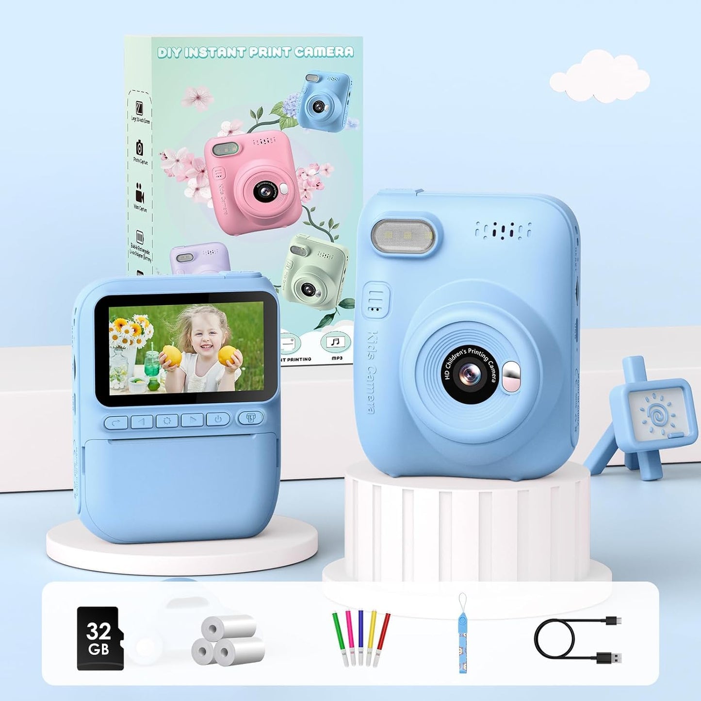 GREENKINDER Instant Camera for Kids,14MP 3.0 Inch Screen Kids Camera Instant Camera with 32G Card,Printing Paper & Colored Pens,1080P Kids Camera Instant Print, 3-12 Years