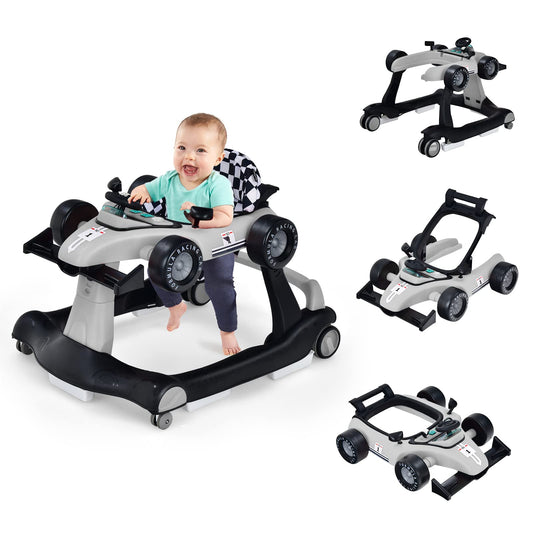 COSTWAY 4 in 1 baby walker, foldable with adjustable height & speed, car-shaped with music box, lights & wheels, suitable for babies from 6 months, up to 12kg load capacity (Grey)