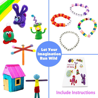 3000 piece children's DIY craft kit, craft suitcase with pipe cleaners, googly eyes, beads. Creative scrapbooking kit for girls and boys ages 4-8. Gift in Rose color.
