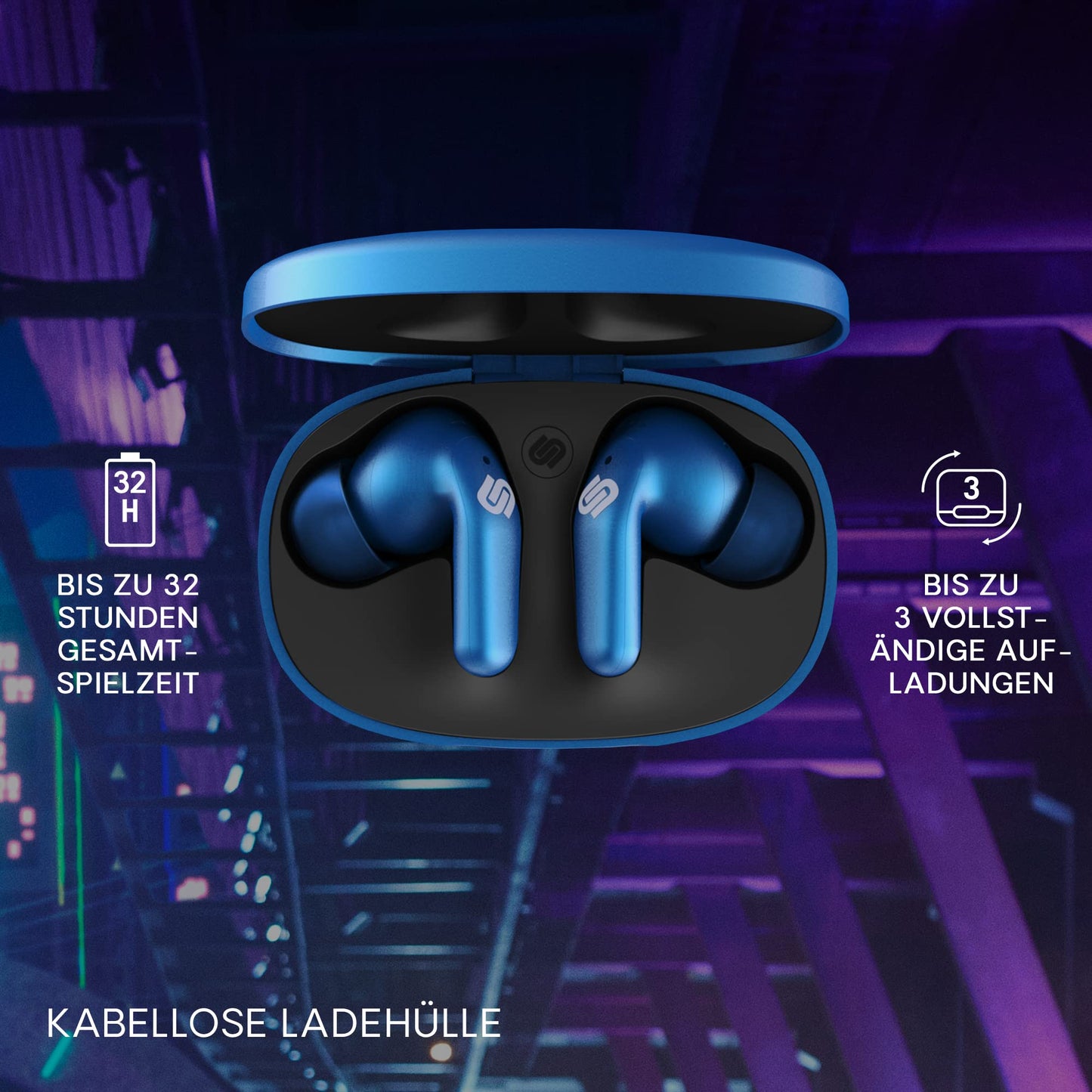 Urbanista Seoul In Ear Headphones | Wireless Earbuds with Microphone | 70ms Low Latency Gaming Earbuds | Dual-Mode Bluetooth Earphones | Fast Charging USB-C Headphones | 32 Hr. Playtime | Blue