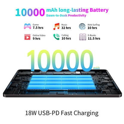 TECLAST T65 MAX 13-inch Android tablet with Helio G99 for gaming, 20GB RAM+256GB ROM (expandable to 2TB). Features 10000mAh battery, Widevine L1, 4G LTE SIM + 5G WiFi, GPS/GMS, 13MP+8MP cameras, and BT5.0. Large display for immersive experience.