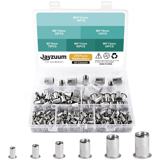 Jayzuum 235-Piece Rivet Nut Assortment Set, M3 M4 M5 M6 M8 M10 A2-70 Stainless Steel Rivet Nutserts with Storage Box (wide) (235-Piece Rivet Nuts)