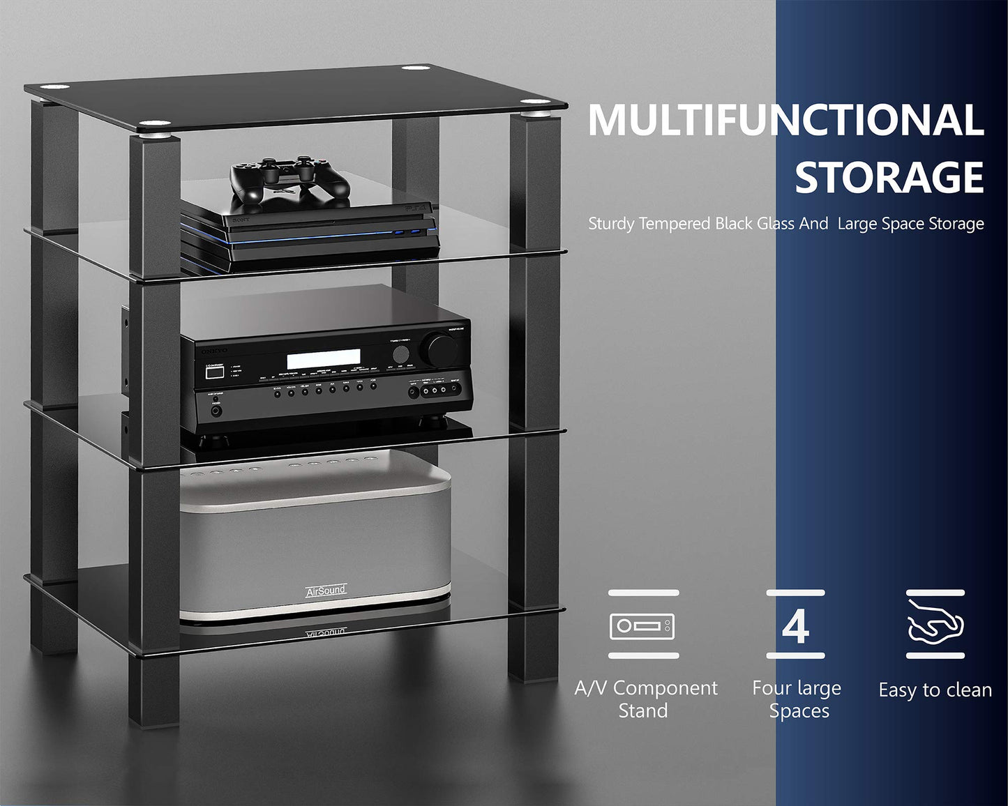 FITUEYES TV stand HiFi shelf Audio cabinet Glass and Aluminum 600x455x770mm
