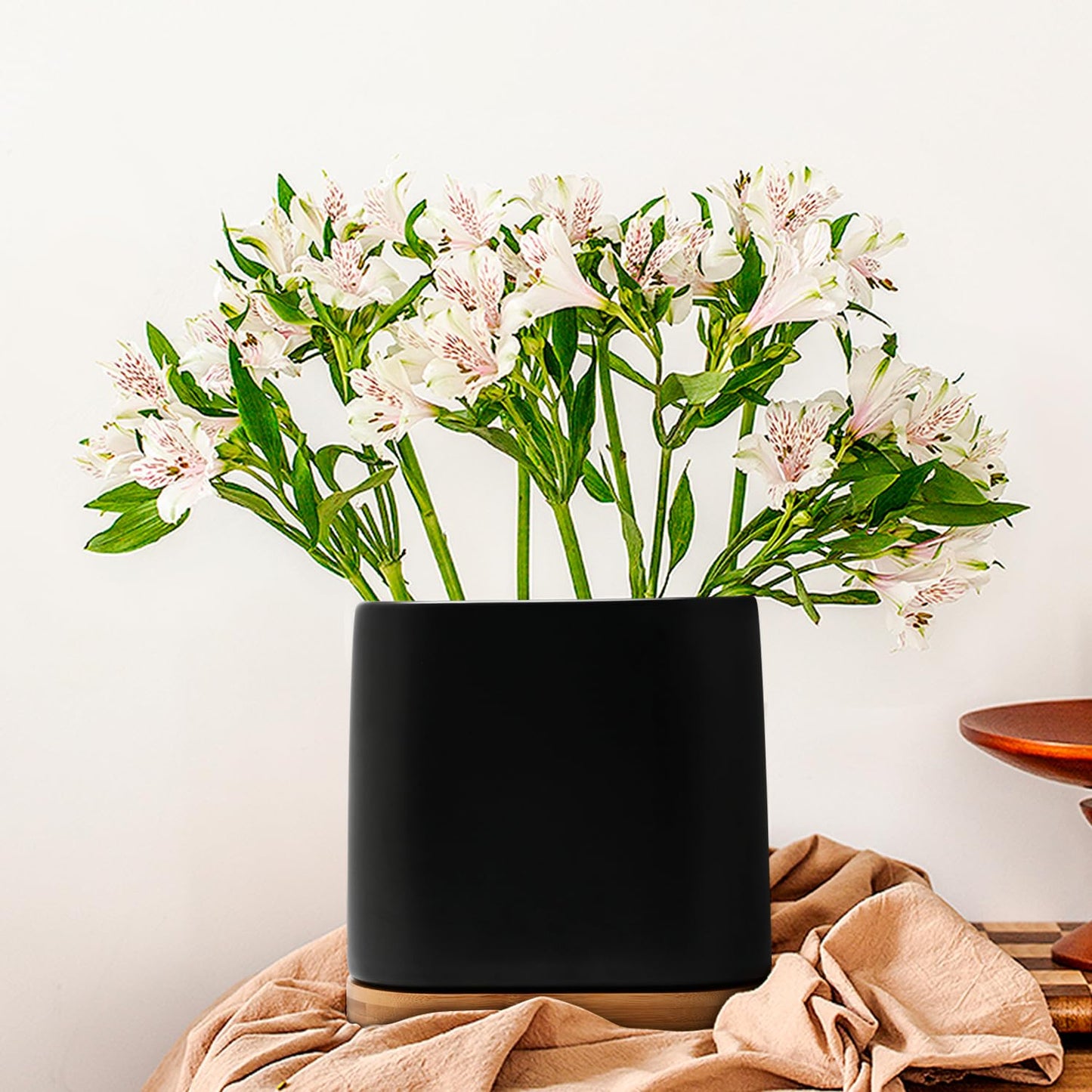 VIREESR Large ceramic countertop utensil holder, kitchen utensil holder with bamboo wood base, cooking utensil holder, easy to clean, tool pot, kitchen tool holder for spatulas and.