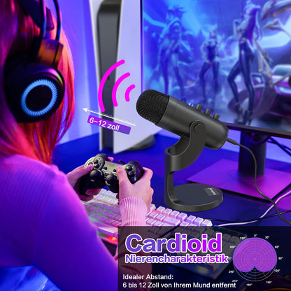 ZealSound USB Microphone, Plug & Play Condenser Mic for PC/iPhone/phone with Noise Cancellation & Mute - for Podcasts, Streamers, Gamers, YouTube, ASMR on Mac Windows PS5 - incl. USB-C & Lightning Adapter