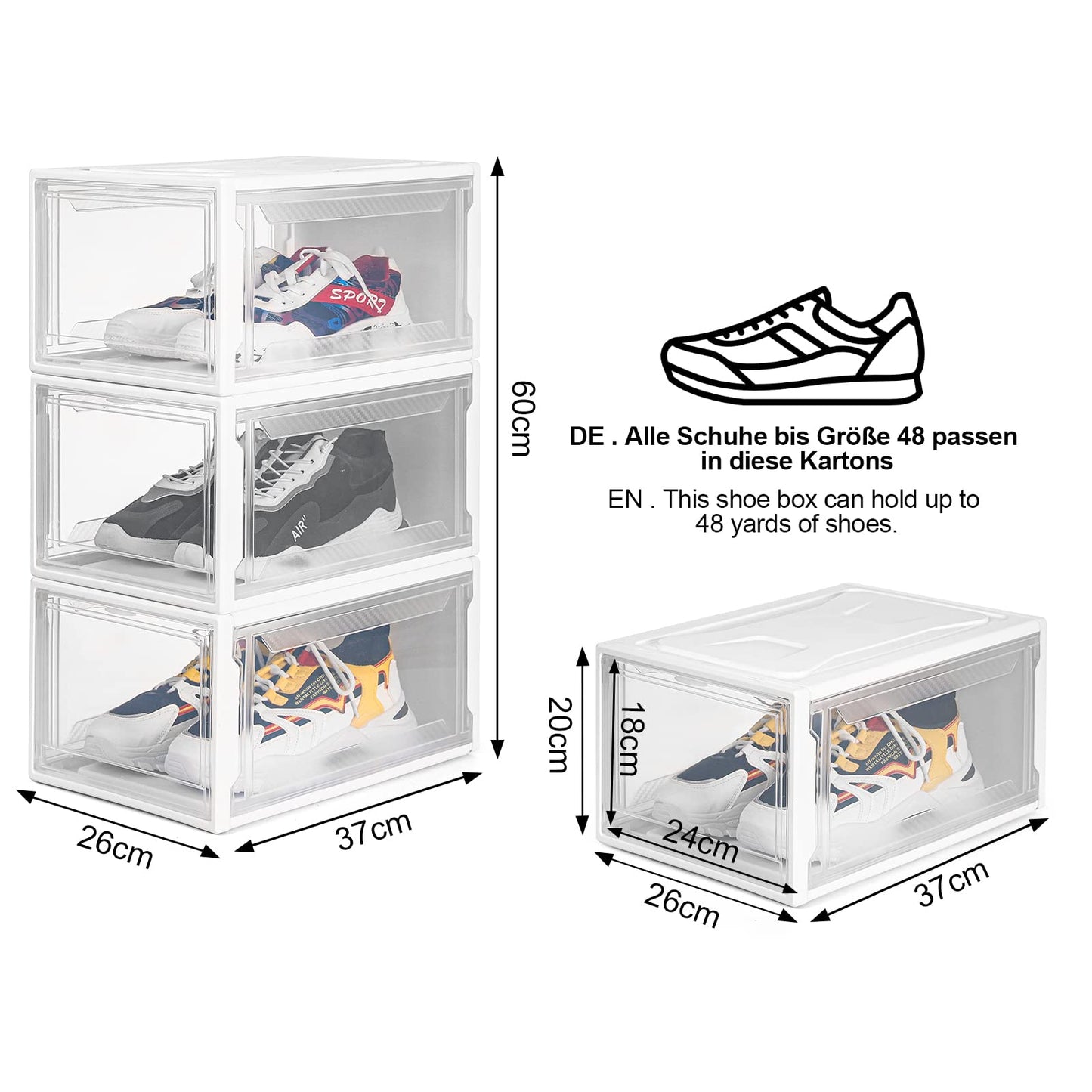 Yorbay Shoe Box, set of 3, stackable shoe organizer, plastic box with transparent door, reusable shoe storage, 37x26x20 cm, for shoes up to size 48, White