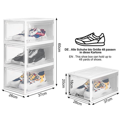 Yorbay Shoe Box, set of 3, stackable shoe organizer, plastic box with transparent door, reusable shoe storage, 37x26x20 cm, for shoes up to size 48, White