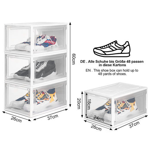 Yorbay Shoe Box, set of 3, stackable shoe organizer, plastic box with transparent door, reusable shoe storage, 37x26x20 cm, for shoes up to size 48, White