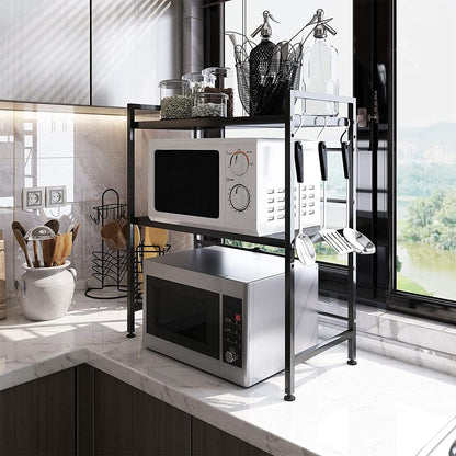 Pull-Out Microwave Shelf, Kitchen Shelf Holder, Microwave, Extendable, with 3 Levels, Made of Carbon Steel, with 3 Hooks (3 Levels, Black)