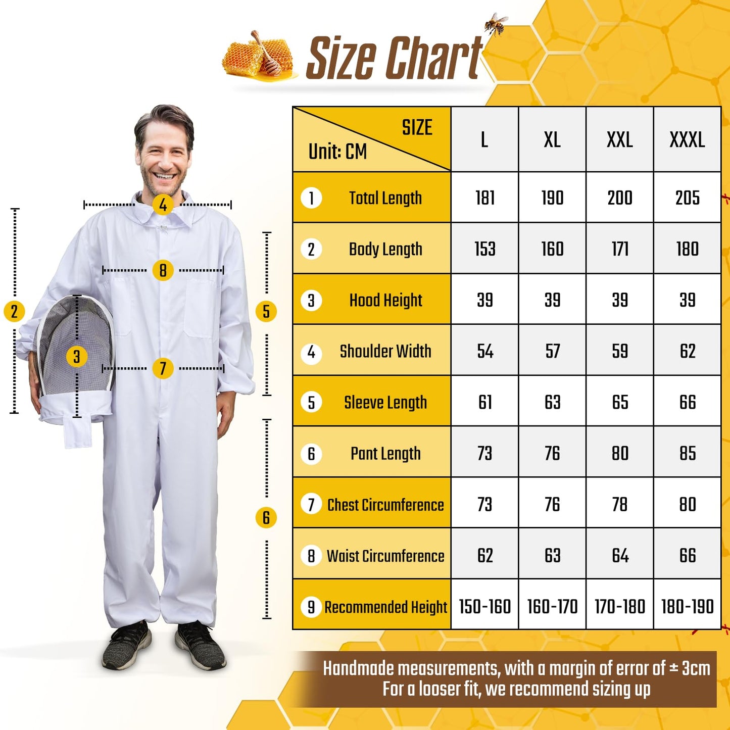 Moontay Beekeeping Suit, sting-proof with removable breathable hood. Full protection bee suit with pockets and elastic cuffs for beekeepers. Professional bee suit for men and women, XXL.