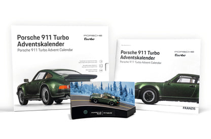 FRANZIS 55109 - Porsche 911 Turbo Advent calendar light green, metal model kit in 1:43 scale, including sound module and 52-page companion book.