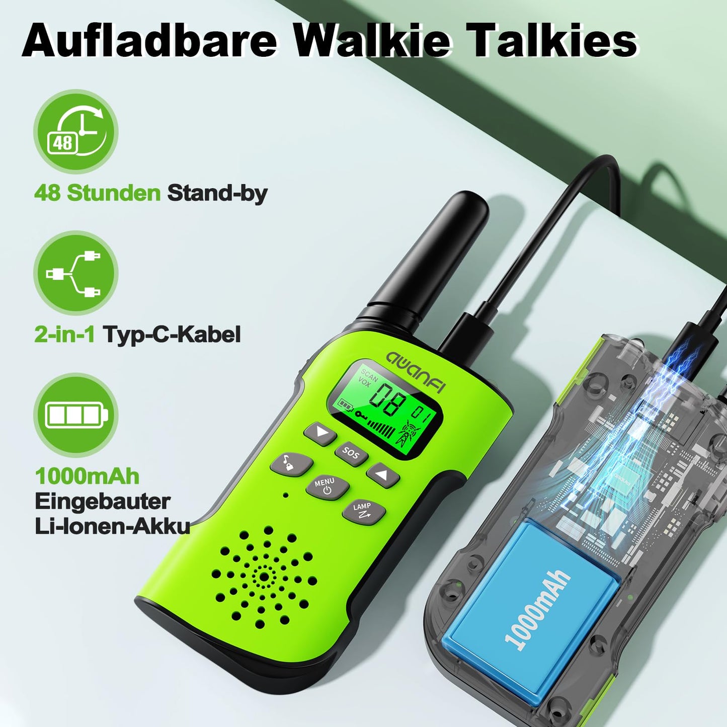 AWANFI Walkie Talkie for Kids, ages 3-12, rechargeable with Li-ion battery, radio set, walkie talkie with VOX, LCD flashlight, keypad lock, perfect gift for camping adventures.