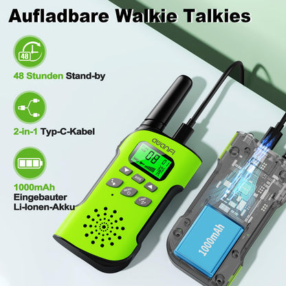 AWANFI Walkie Talkie for Kids, ages 3-12, rechargeable with Li-ion battery, radio set, walkie talkie with VOX, LCD flashlight, keypad lock, perfect gift for camping adventures.