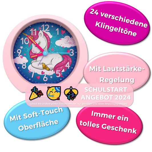 Honey's Heaven kids alarm clock without ticking noise - for boys and girls - learning clock alarm clock children's clock quartz alarm clock snooze analog quartz clock (unicorn pink)