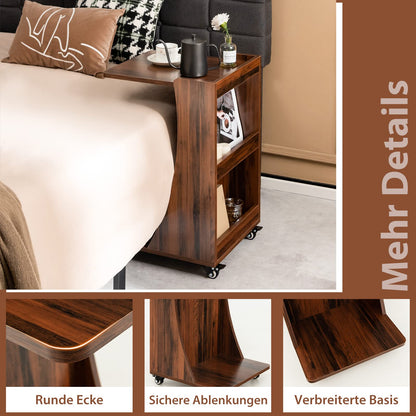COSTWAY side table with wheels, mobile sofa table with 2 rear storage shelves, C-shape, coffee table for living room, bedroom, 42.5 x 38 x 67 cm, vintage brown.