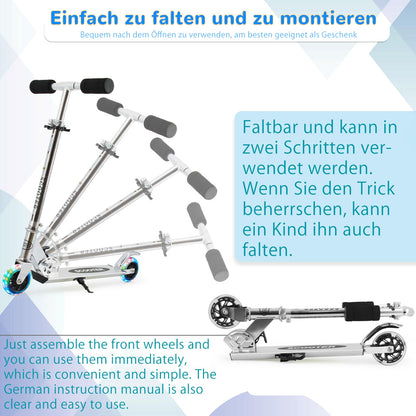TENBOOM Kids Scooter 6 years, with 2 LED light-up wheels. Foldable and height adjustable, with rear brake. Suitable for boys and girls aged 3-10.