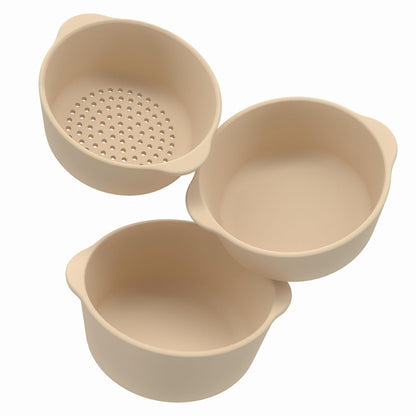 Inspire My Play - 3 x Nature Stackable Silicone Bowls and Sieve - Perfect accessory for Sensory Play Tray - Accessories for Tuff Tray - Toys for Early Development & Activity Play.
